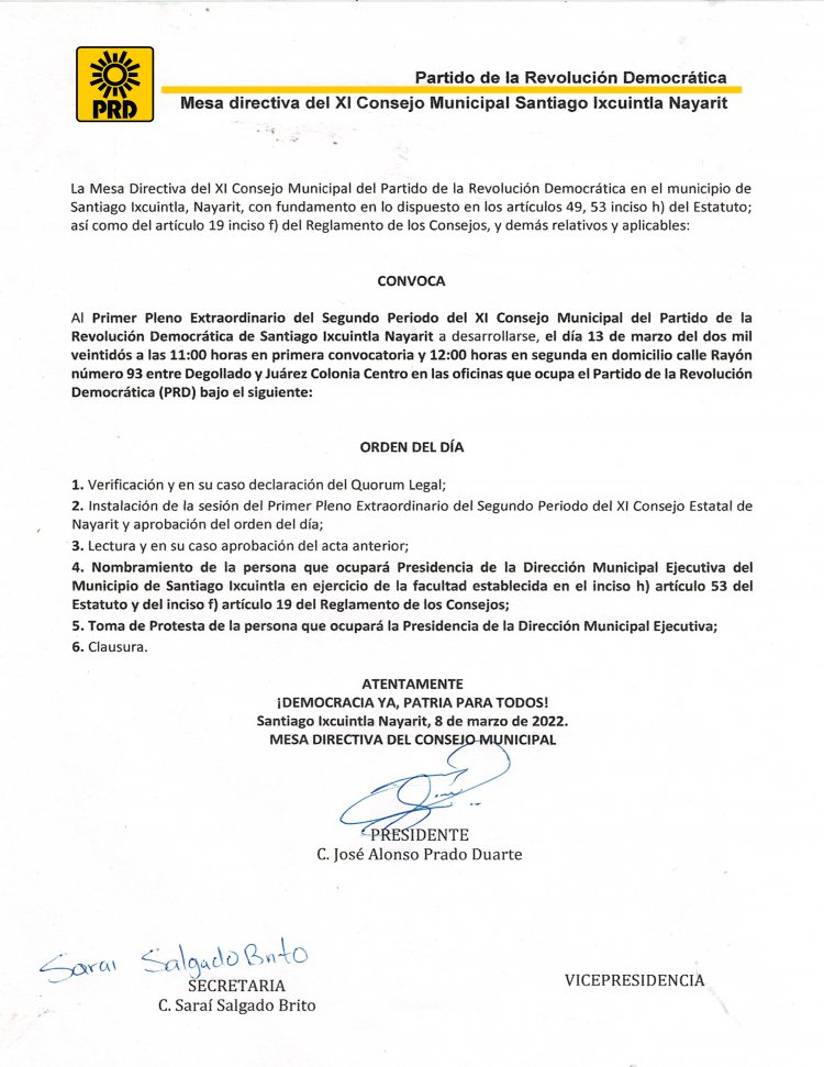 CONVOCA EL PRD AL PRIMER PLENO  EXTRAORDINARIO DEL SEGUNDO PERÍODO DEL XI CONSEJO MUNICIPAL