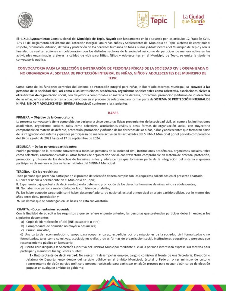 CONVOCA GOBIERNO DE TEPIC A LA SOCIEDAD civil a formar parte del Sistema de Protección Integral de Niñas, Niños y Adolescentes del Municipio; se seleccionará a cinco ciudadanas o ciudadanos.